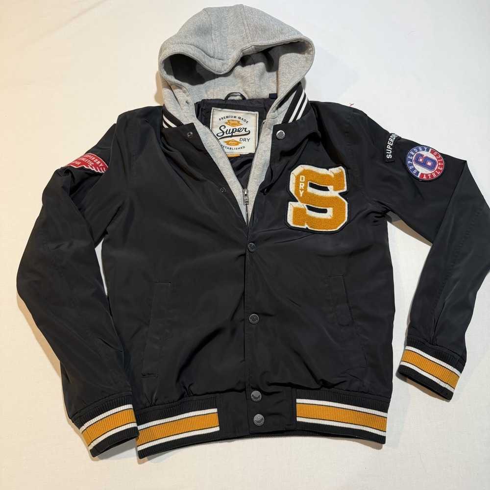 Superdry Mens Small Hooded Varsity Jacket Letterman Black Yellow Chenille Patch
